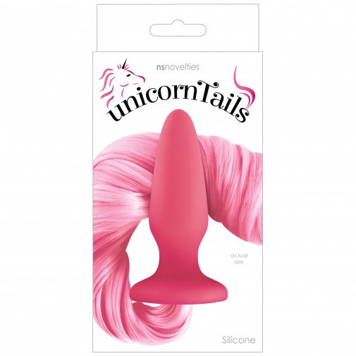 Růžový silikonový kolík s dlouhým ocáskem Unicorn Tails v balení.