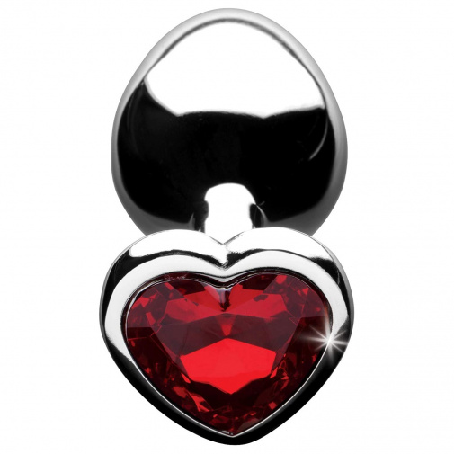 Kovový anální kolík se zátkou ve tvaru červeného křišťálového srdce.