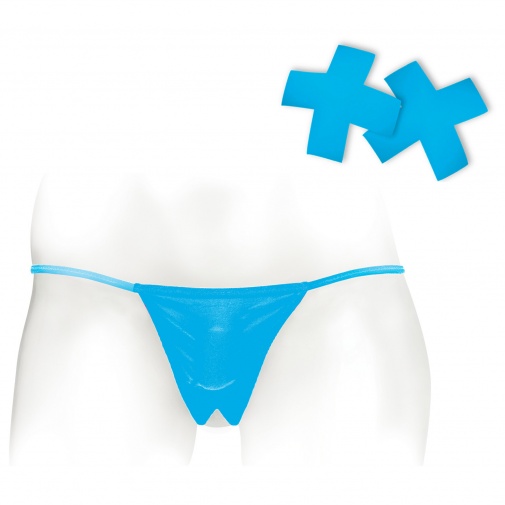 Vibrační kalhotky Neon Crotchless s nálepkami na bradavky modré