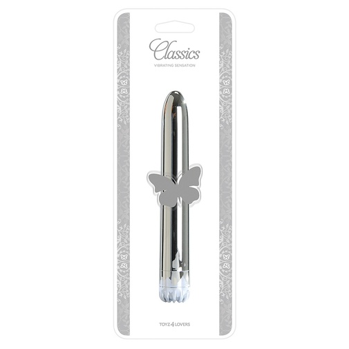 Elegantní stříbrný vibrátor Classics střední velilkosti s multirychlostními vibracemi.