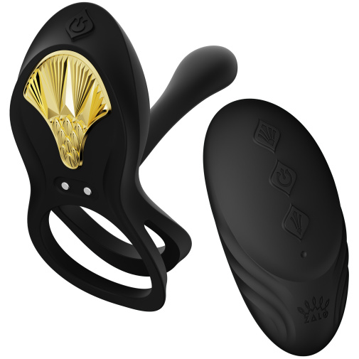 Černo-zlatý vibrátor pro páry s erekčním kroužkem Zalo Bayek Smart.