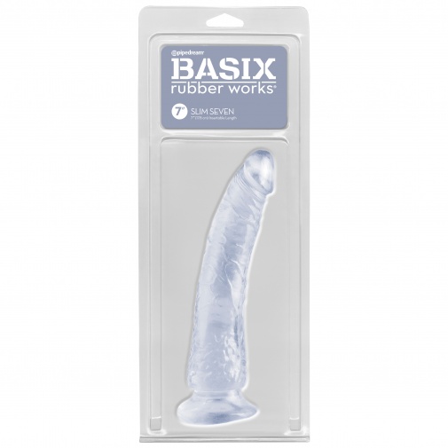 Basix Slim 7 - průhledné úzké dildo v balení.