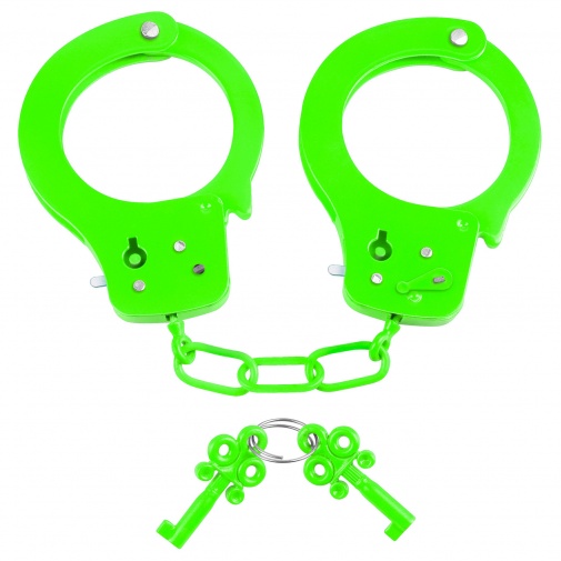 Neonově zelená kovová pouta s bezpečnostní pojistkou a dvěma klíčky - Neon Fun Cuffs.