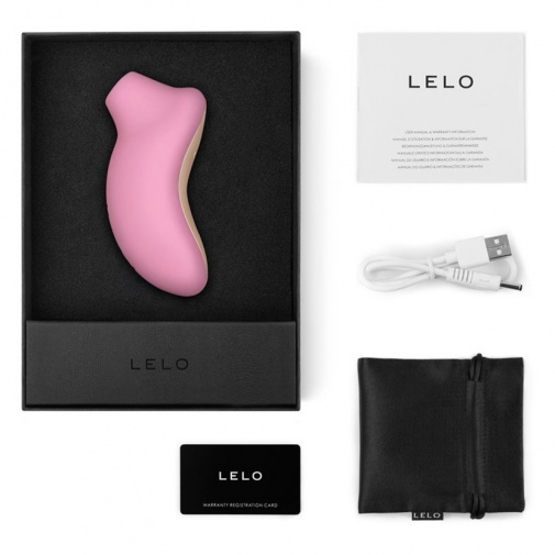 Lelo Sona Classic Růžová s USB nabíječkou, manuálem k použití a přenosným pouzdrem v balení.